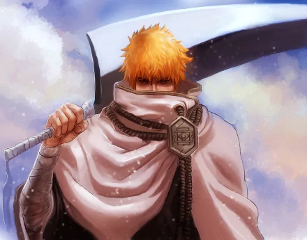 HD Wallpaper of Ichigo Kurosaki from Bleach anime, featuring his iconic orange hair and large sword, set against a dreamy, softly colored background.