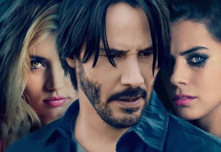 HD desktop wallpaper featuring Lorenza Izzo, Keanu Reeves, and Ana de Armas from the movie Knock Knock, with intense and dramatic close-up portraits.