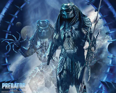 HD desktop wallpaper featuring Scar from the movie AVP: Alien vs. Predator, showcasing two Predators in an eerie, futuristic setting.
