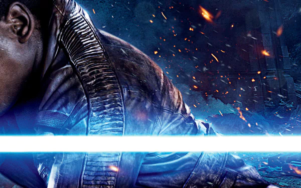 Finn, portrayed by John Boyega, ignites his lightsaber amidst dynamic explosions in this HD wallpaper from Star Wars Episode VII: The Force Awakens.