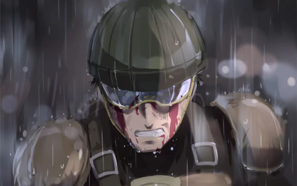 Mumen Rider from One-Punch Man stands determined in the rain, showcasing his resilience and courage. This high-definition wallpaper captures the intensity of his character.