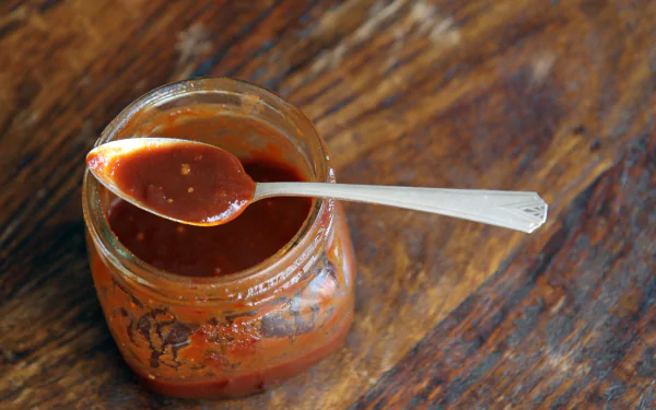4K Ultra HD PC desktop wallpaper: jar of barbecue sauce with a spoon across the rim on a rustic wooden table, food-themed background.