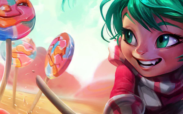 HD PC desktop wallpaper featuring Poppy from the video game League of Legends, showcasing her vibrant expression and colorful lollipops in a dynamic background.