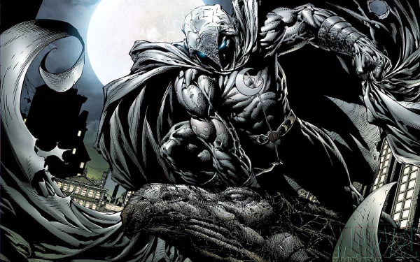 HD PC desktop wallpaper featuring Moon Knight in a dramatic comic scene under a bright full moon with flowing cape and cityscape background.