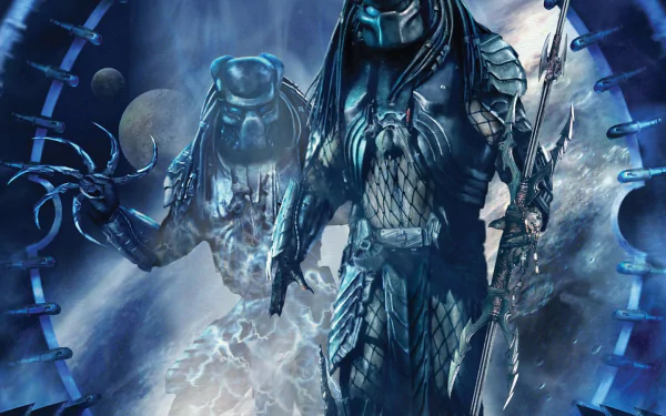 HD desktop wallpaper featuring Scar from the movie AVP: Alien vs. Predator, showcasing two Predators in an eerie, futuristic setting.