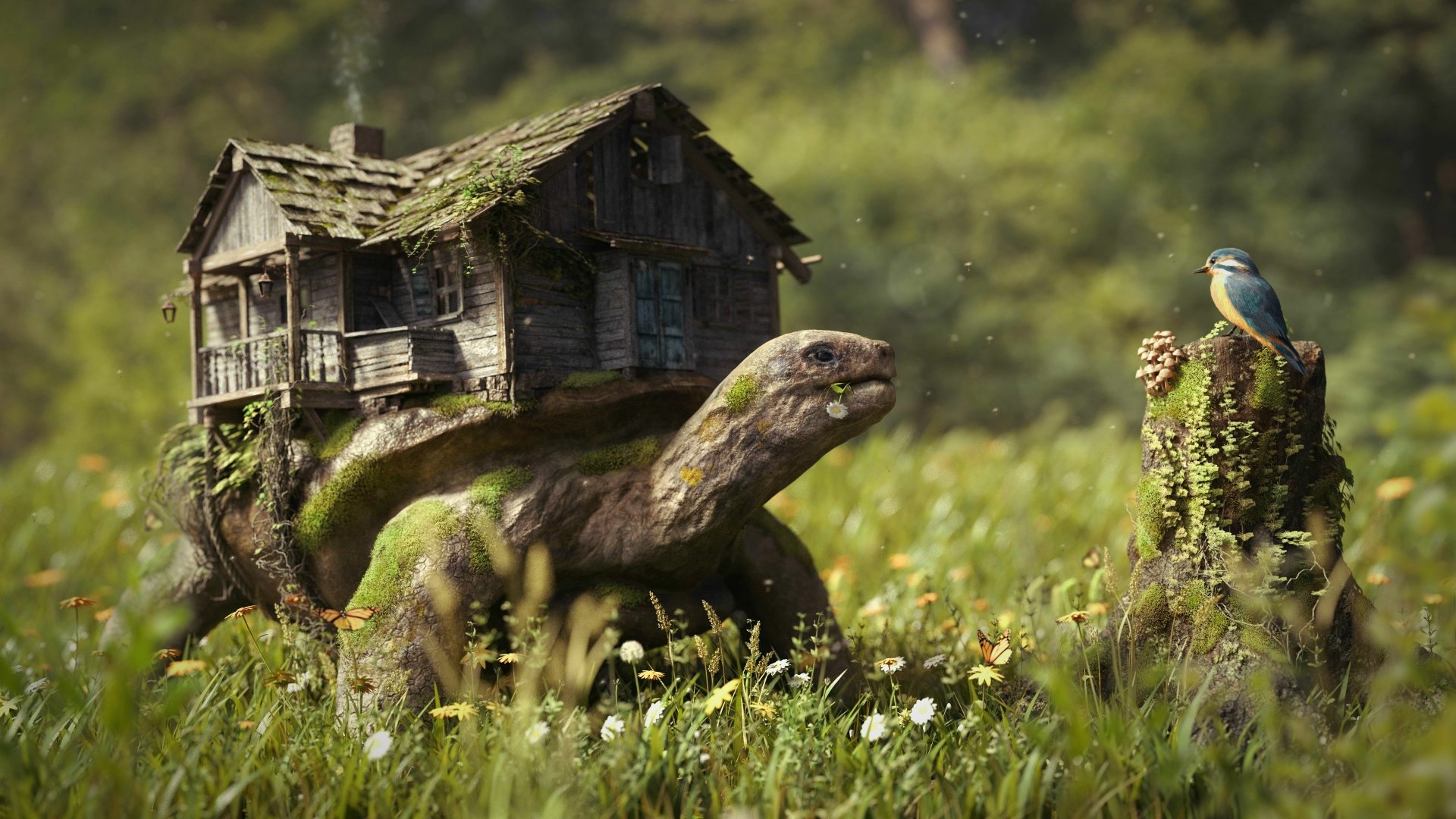 A fantastical scene featuring a massive turtle with a cozy, moss-covered house on its back, surrounded by a vibrant meadow and a small bird perched nearby. 4K Ultra HD wallpaper.