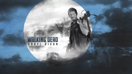 HD wallpaper featuring Daryl Dixon from the TV show The Walking Dead, set against a dramatic cloudy background with a prominent circular design.