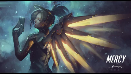 HD wallpaper featuring Mercy from Overwatch, depicted in a bodysuit with wings, holding a pistol. She has blonde hair and is set against a futuristic, snowy background. Text reads Mercy Overwatch.