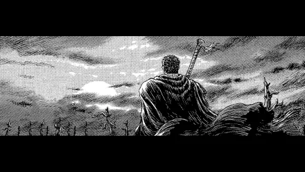 Guts from Berserk stands solemnly against a dramatic sky, showcasing a powerful scene from the anime in this HD PC desktop wallpaper. An evocative backdrop for any fan.
