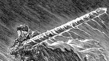 A striking HD desktop wallpaper featuring an anime character from Berserk, wielding a massive sword in a dramatic, rain-soaked scene.