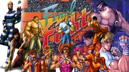HD PC desktop wallpaper and background of the video game Final Fight CD: vibrant, comic-style collage of iconic street fighters striking poses against a gritty urban backdrop.