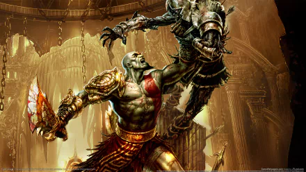 A dynamic HD PC desktop wallpaper featuring Kratos from God of War III, capturing an intense battle with a menacing enemy in a dramatic, ancient setting.