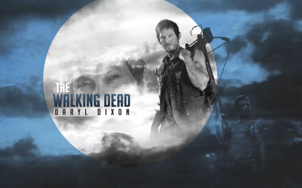 HD wallpaper featuring Daryl Dixon from the TV show The Walking Dead, set against a dramatic cloudy background with a prominent circular design.
