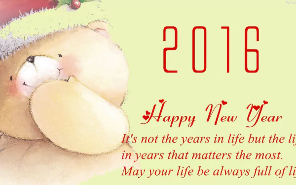 HD desktop wallpaper featuring a cute teddy bear in a Santa hat with 2016 Happy New Year holiday greeting, celebrating the New Year 2016.