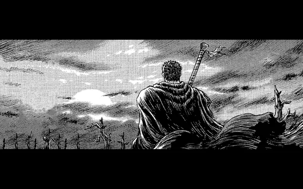 Guts from Berserk stands solemnly against a dramatic sky, showcasing a powerful scene from the anime in this HD PC desktop wallpaper. An evocative backdrop for any fan.