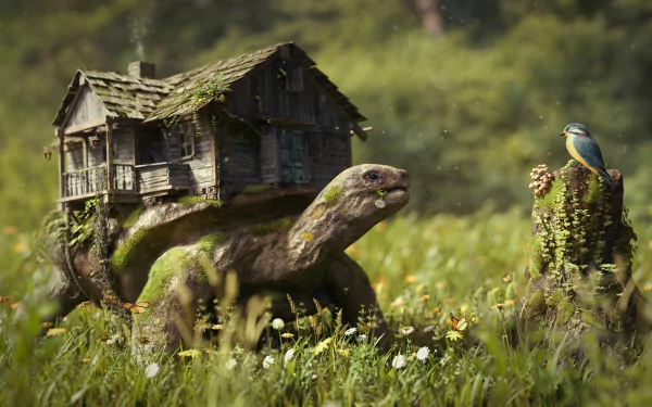 A fantastical scene featuring a massive turtle with a cozy, moss-covered house on its back, surrounded by a vibrant meadow and a small bird perched nearby. 4K Ultra HD wallpaper.