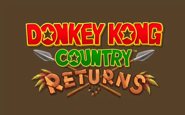 HD PC desktop wallpaper showing the Donkey Kong Country Returns video game logo on a brown background with jungle-themed wooden and leaf accents.