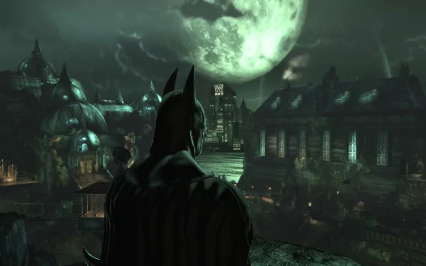 4K Ultra HD Batman: Arkham Asylum PC wallpaper featuring Batman overlooking a dark, atmospheric cityscape under a glowing full moon.