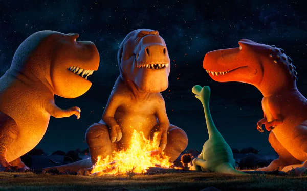 HD wallpaper featuring Spot and Arlo from Disney Pixar's The Good Dinosaur, showing dinosaurs gathered around a campfire under a starry night sky.