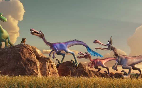 HD desktop wallpaper of Pixar's The Good Dinosaur, featuring characters Spot and Arlo facing off against a group of colorful dinosaurs under a bright sky.