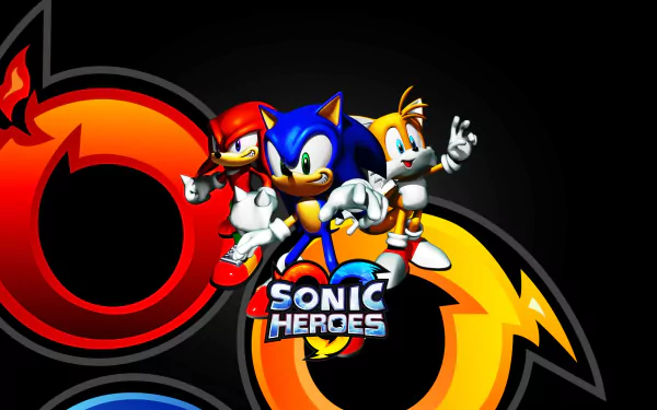 HD PC desktop wallpaper featuring Sonic the Hedgehog, Knuckles the Echidna, and Miles Tails Prower from the video game Sonic Heroes with vibrant, dynamic colors.
