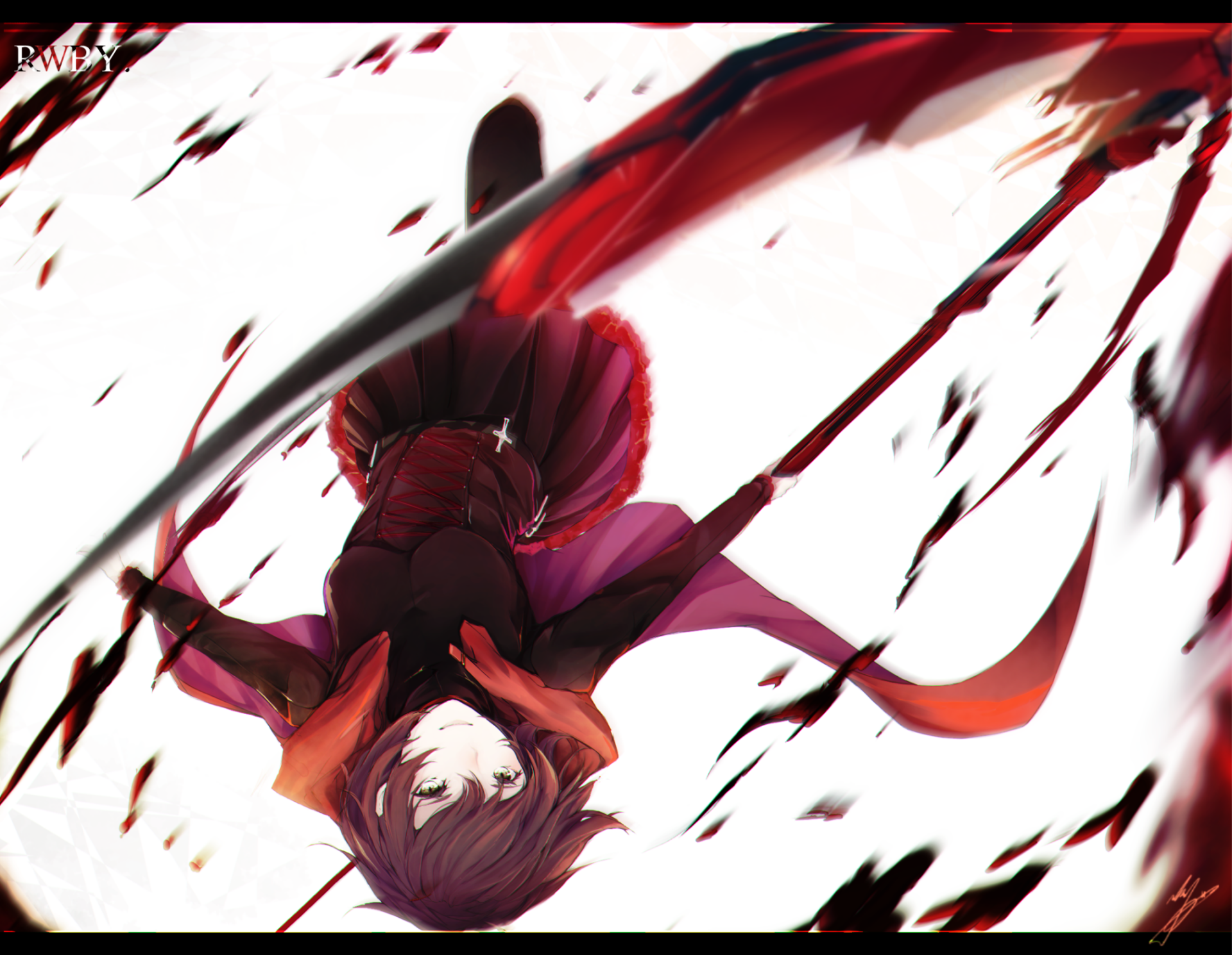 HD PC desktop wallpaper featuring Ruby Rose from the anime RWBY, depicted in dynamic action with a red and black color scheme and stylized motion effects.