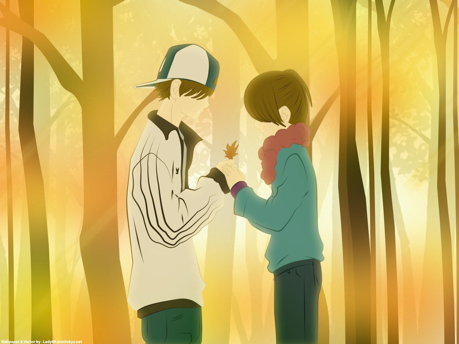 A serene anime illustration from We Were There, featuring Motoharu Yano and Nanami Takahashi in a tranquil forest, sharing a tender moment amidst vibrant autumn colors.