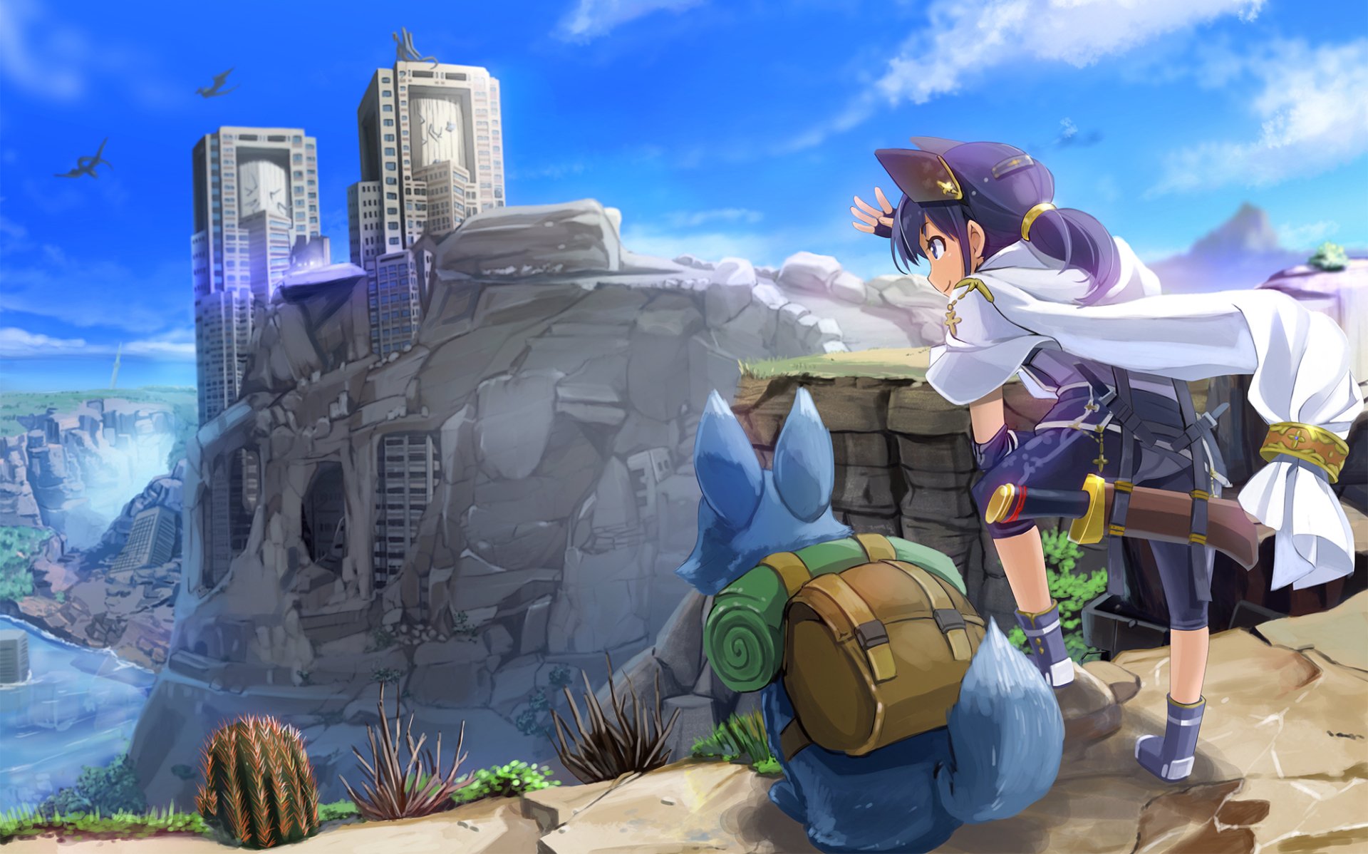 A fantasy warrior gazes over a cityscape, clutching a sword, with a dragon in the sky. Vibrant clouds enhance this HD wallpaper, blending adventure and imagination.