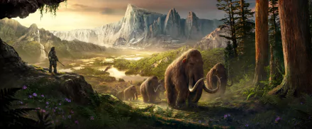 HD desktop wallpaper from the video game Far Cry Primal, featuring a visually stunning landscape with a herd of mammoths walking through a lush valley against a backdrop of mountains.