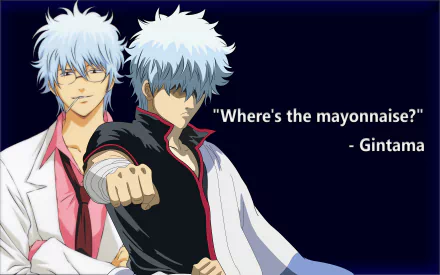 4K Ultra HD Gintama anime PC wallpaper featuring two characters, one with white hair and glasses, the other pointing forward, with the quote Where's the mayonnaise? on a dark background.