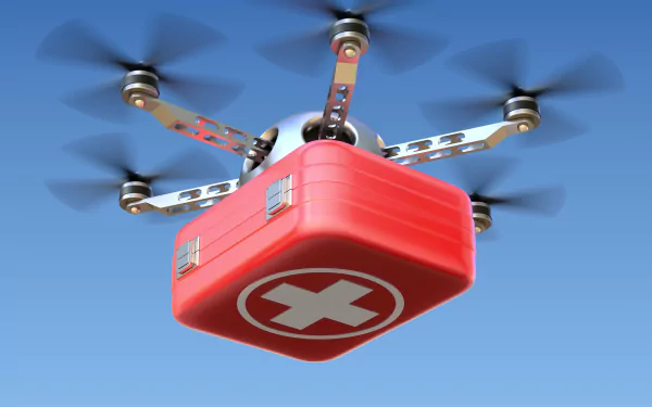 A drone equipped with a red first aid kit hovers against a clear blue sky, showcasing modern technology in a 4K Ultra HD wallpaper.