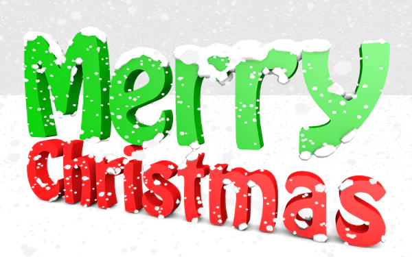 3D Merry Christmas in bold green and red, snow-dusted on a white backdrop — holiday 8K Ultra HD PC desktop wallpaper/background.