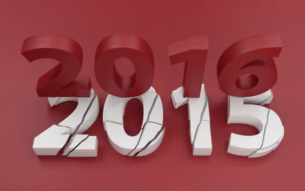 Holiday New Year 2016 8K Ultra HD PC desktop wallpaper: bold red 2016 rising above a cracked white 2015 on a deep red background.
