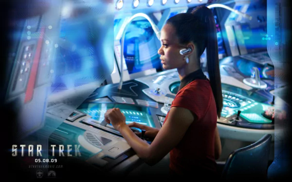 HD desktop wallpaper featuring Zoe Saldana as a Star Trek character, immersed in a futuristic spaceship control room.