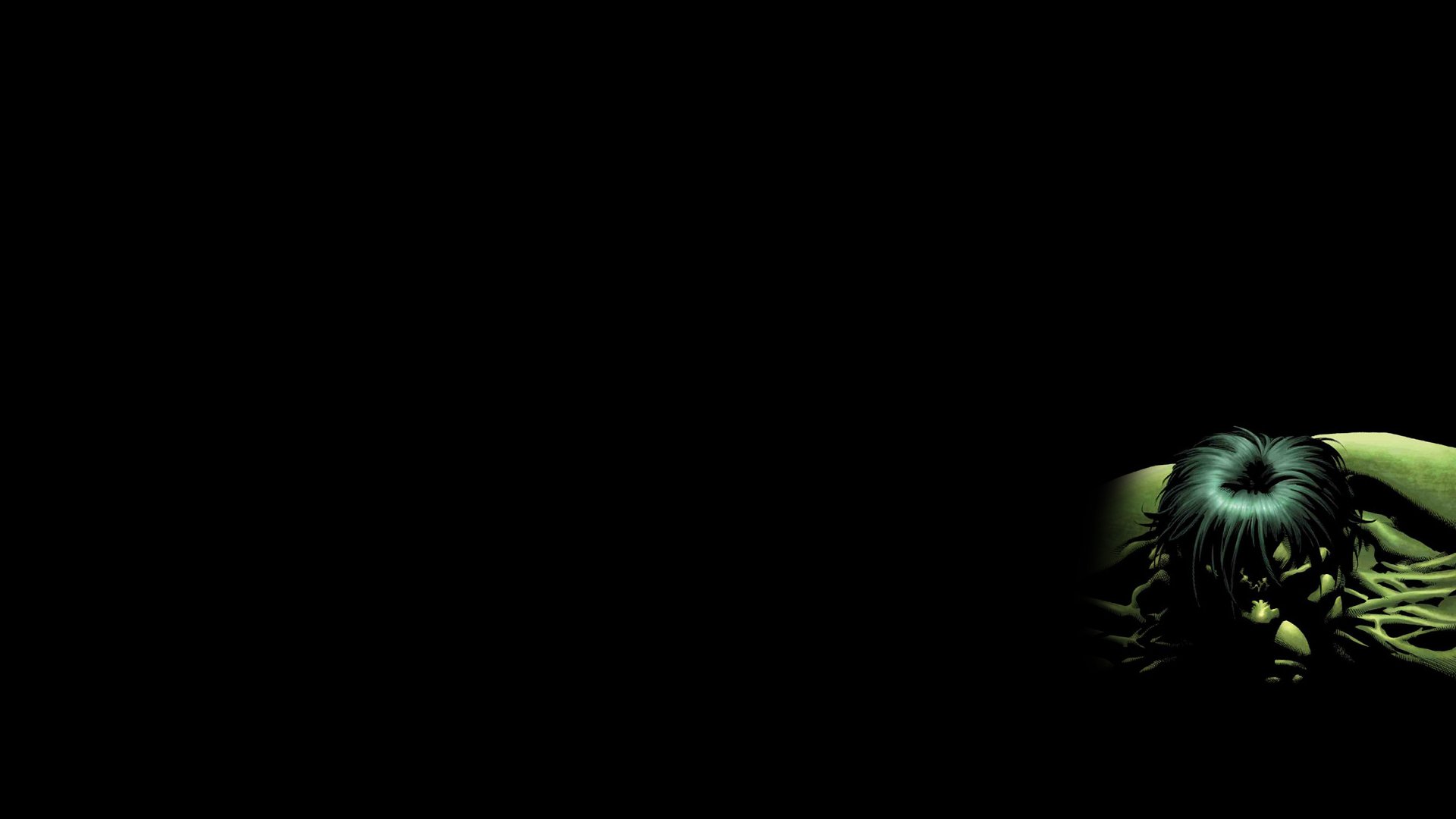 HD PC desktop wallpaper featuring a dark, intense comic-style depiction of the Hulk with glowing eyes against a black background.