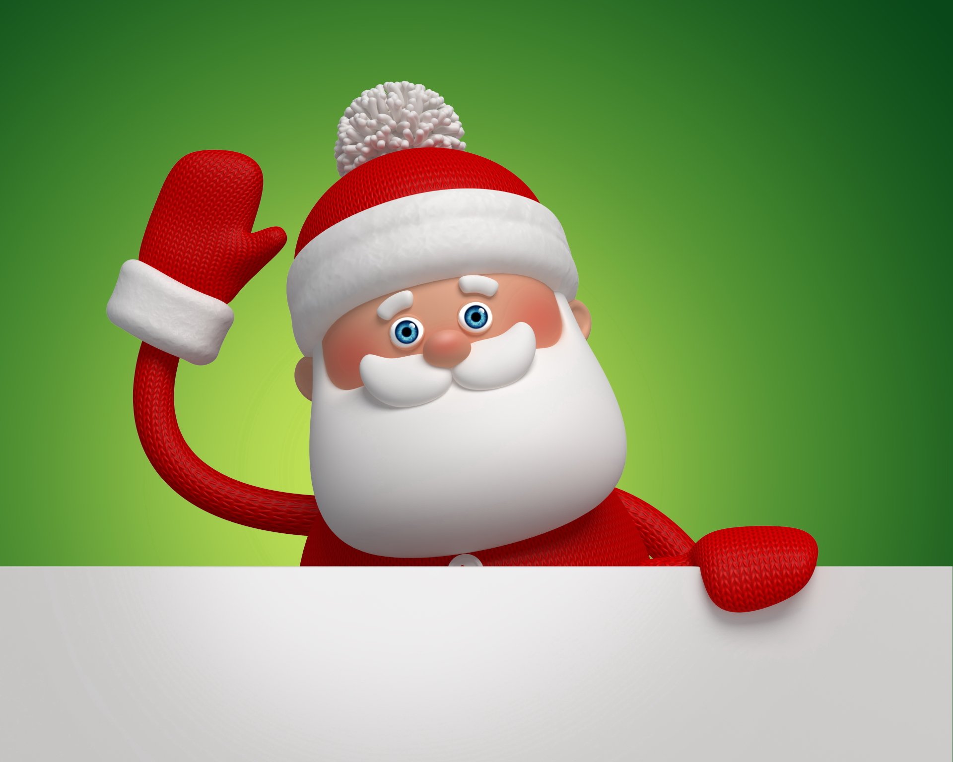 A cheerful Santa Claus waving against a green background, designed as a 4K Ultra HD PC desktop wallpaper celebrating the holiday and Christmas season.