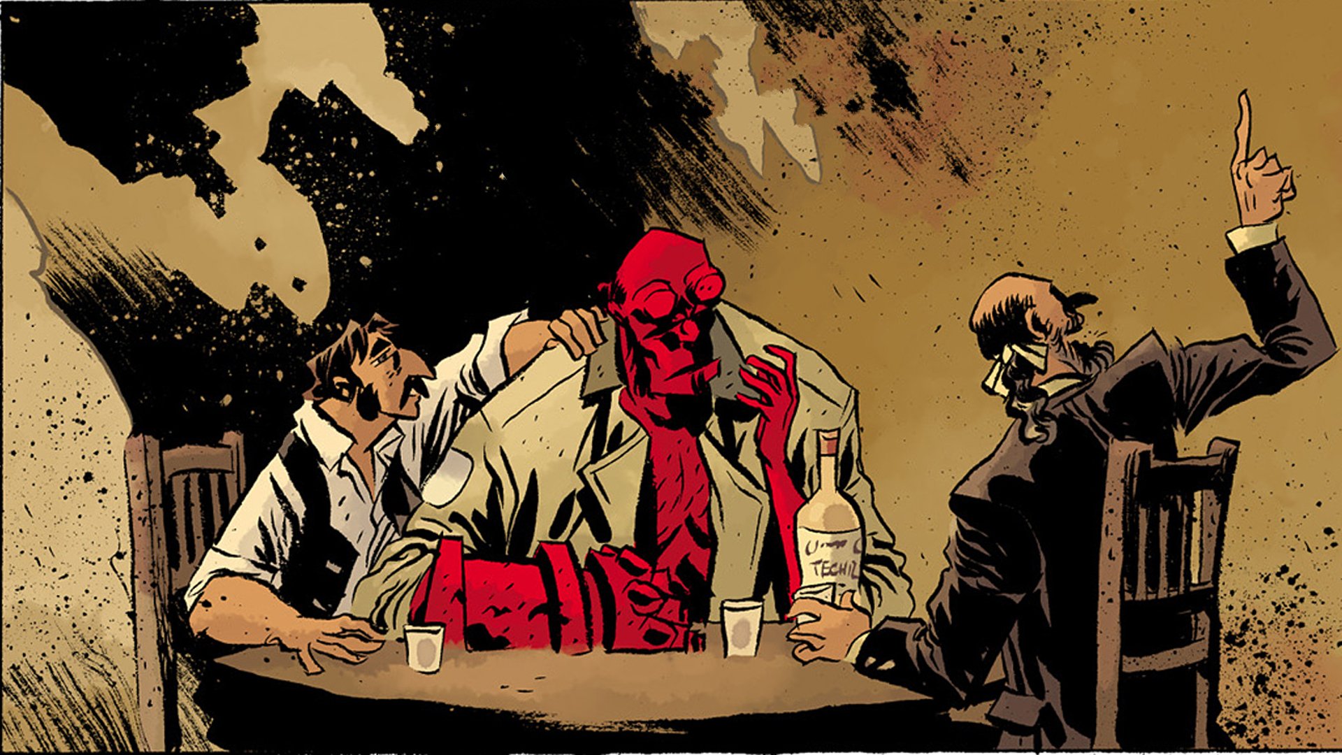 Comic Hellboy HD PC desktop wallpaper: Hellboy at a bar table with two men, red skin and horn stumps, drinks and bottles, gritty sepia-toned background.