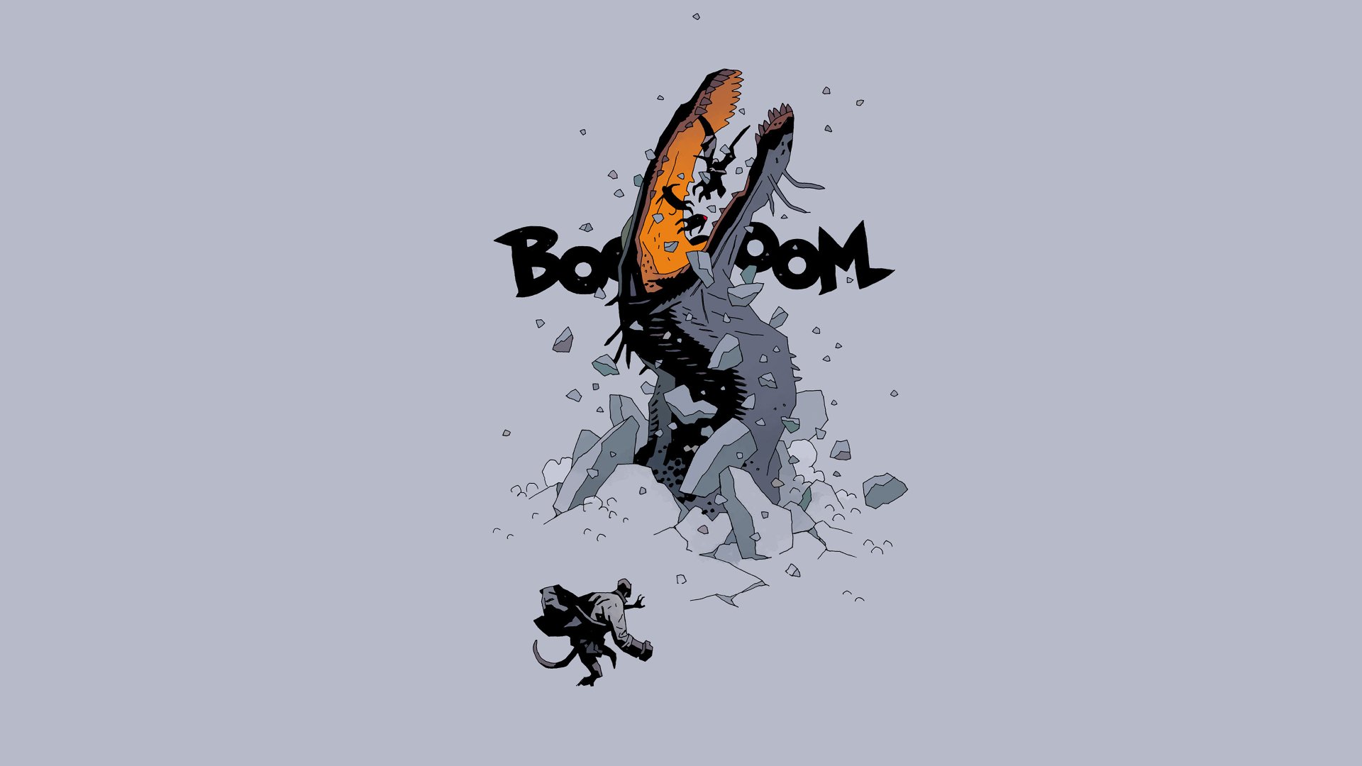 4K Ultra HD comic Hellboy wallpaper: small Hellboy faces a huge orange demon bursting through rubble with 'BOOM' text, on a pale gray background.