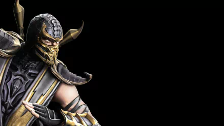 Close-up HD desktop wallpaper of Scorpion from Mortal Kombat 9, featuring his masked face with white eyes, armored glove, and weapon against a black background.