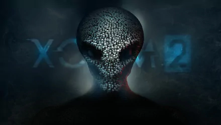 HD PC desktop wallpaper featuring a skull composed of small spheres resembling an alien face from the video game XCOM 2, with the game title faintly visible in the background.