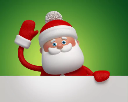A cheerful Santa Claus waving against a green background, designed as a 4K Ultra HD PC desktop wallpaper celebrating the holiday and Christmas season.