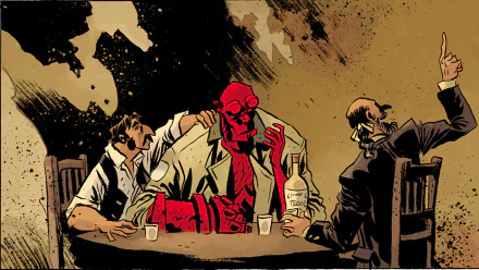Comic Hellboy HD PC desktop wallpaper: Hellboy at a bar table with two men, red skin and horn stumps, drinks and bottles, gritty sepia-toned background.