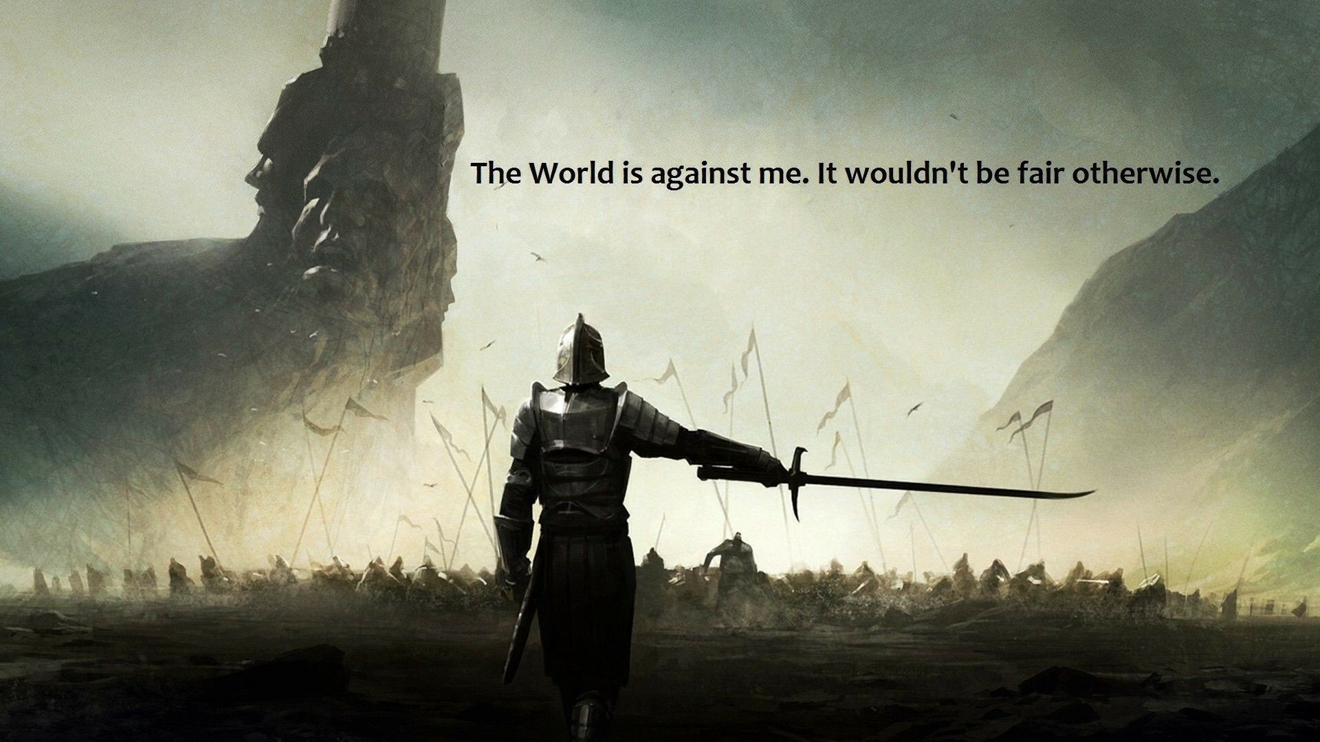 HD PC desktop wallpaper from the video game Mortal Online, featuring a lone armored warrior facing a giant statue and an army with the quote, The World is against me.