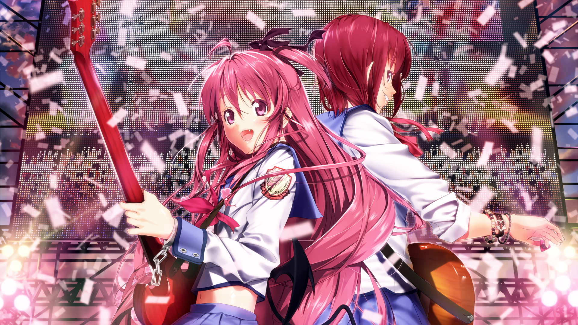 Colorful HD anime wallpaper from Angel Beats!, featuring two characters with long pink hair, holding guitars against a lively concert backdrop filled with confetti.