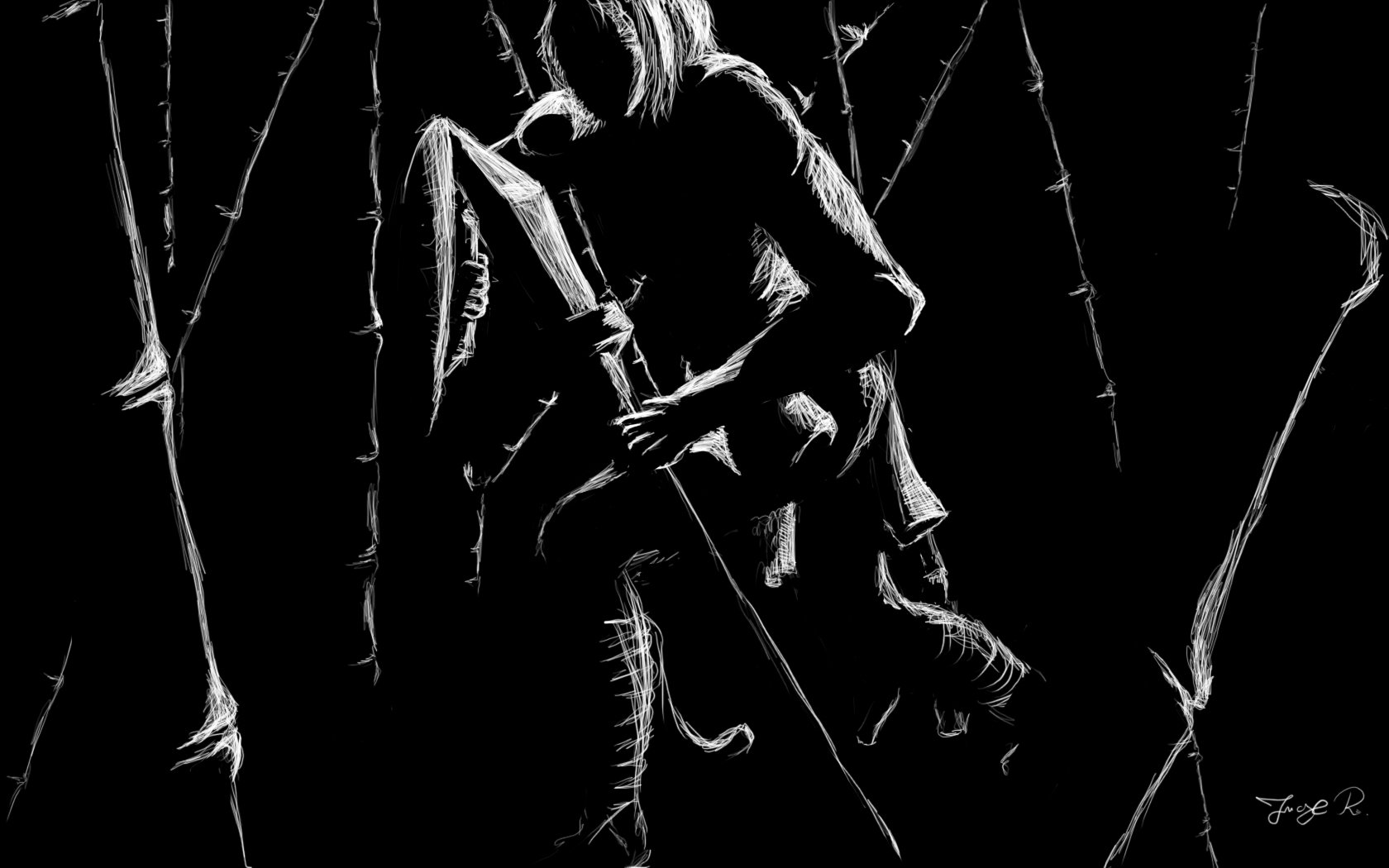Artistic black-and-white drawing of a person crouching with a sword amidst thorny branches, designed as an HD PC desktop wallpaper and background.