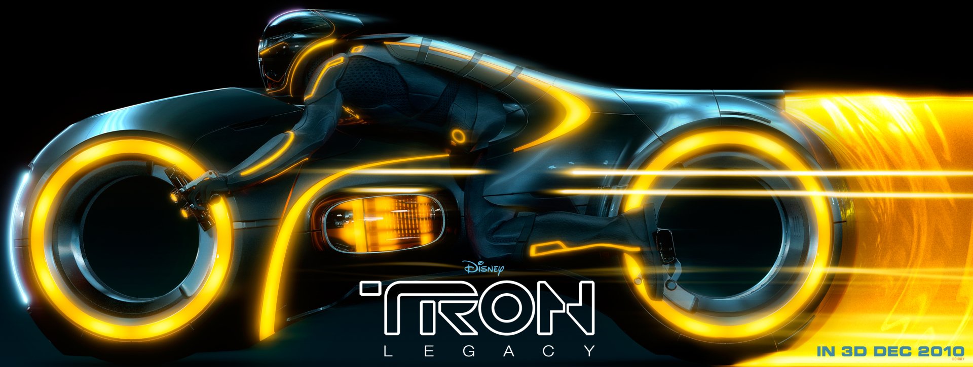 HD PC desktop wallpaper featuring a glowing lightcycle from Disney's TRON: Legacy, neon blue and orange trails on a black background with the TRON Legacy logo.