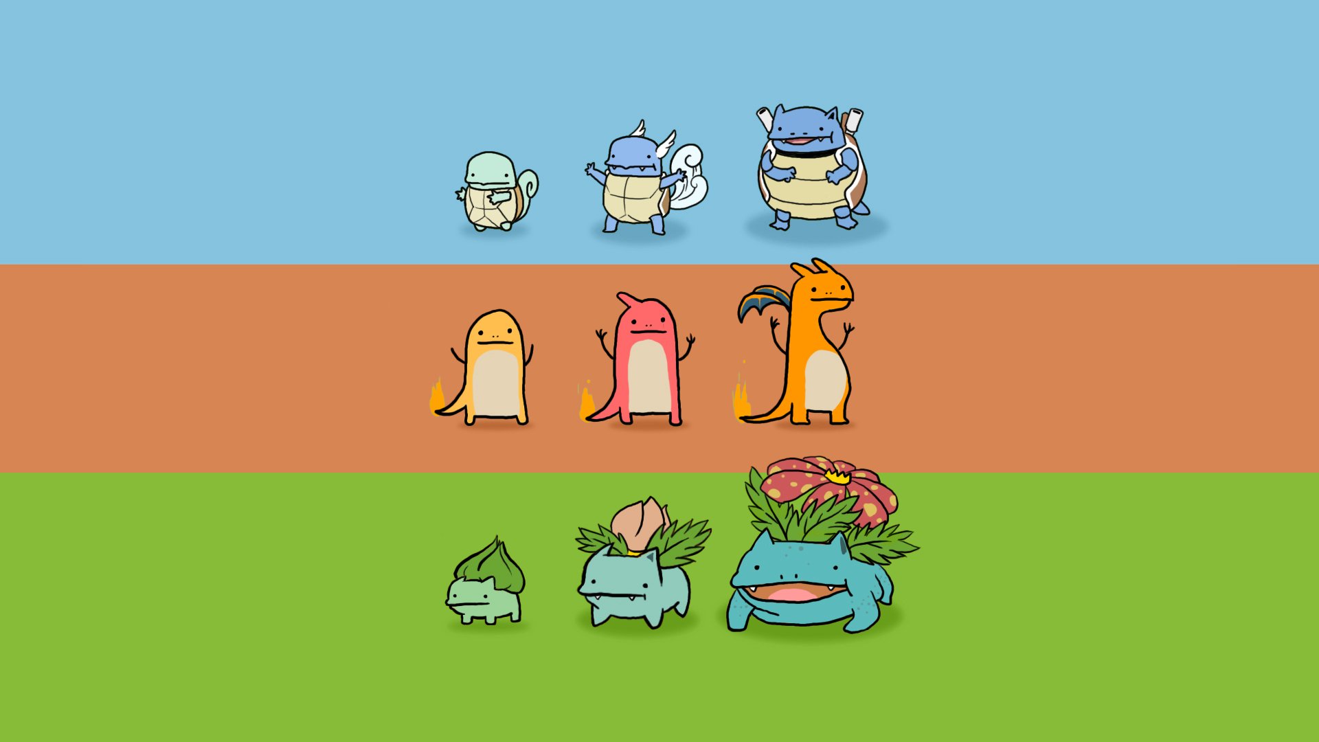 HD desktop wallpaper featuring starter Pokémon: Bulbasaur, Ivysaur, Venusaur, Charmander, Charmeleon, Charizard, Squirtle, Wartortle, and Blastoise in a colorful design.