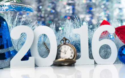 Holiday New Year 2016 2K Quad HD PC desktop wallpaper and background: white 2016 numerals with a pocket watch at center, blue and red ornaments and silver tinsel bokeh.