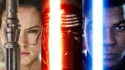 HD wallpaper featuring Daisy Ridley as Rey, John Boyega as Finn, and Kylo Ren from Star Wars Episode VII: The Force Awakens, showcasing iconic lightsaber elements.