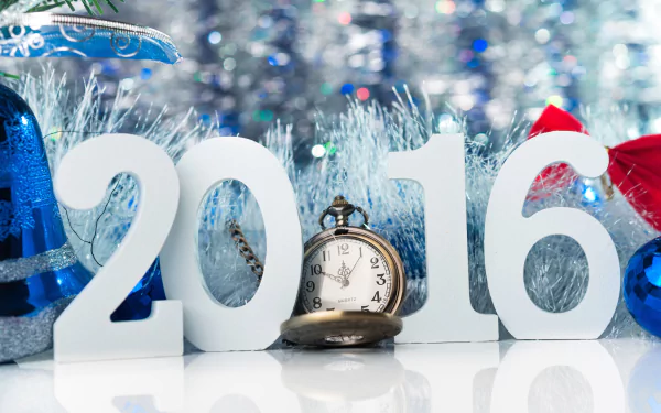 Holiday New Year 2016 2K Quad HD PC desktop wallpaper and background: white 2016 numerals with a pocket watch at center, blue and red ornaments and silver tinsel bokeh.